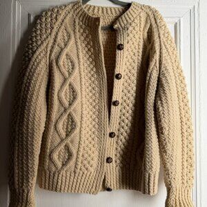 Vintage Cream Off White Irish Wool Cableknit Cardigan Jacket Sweater